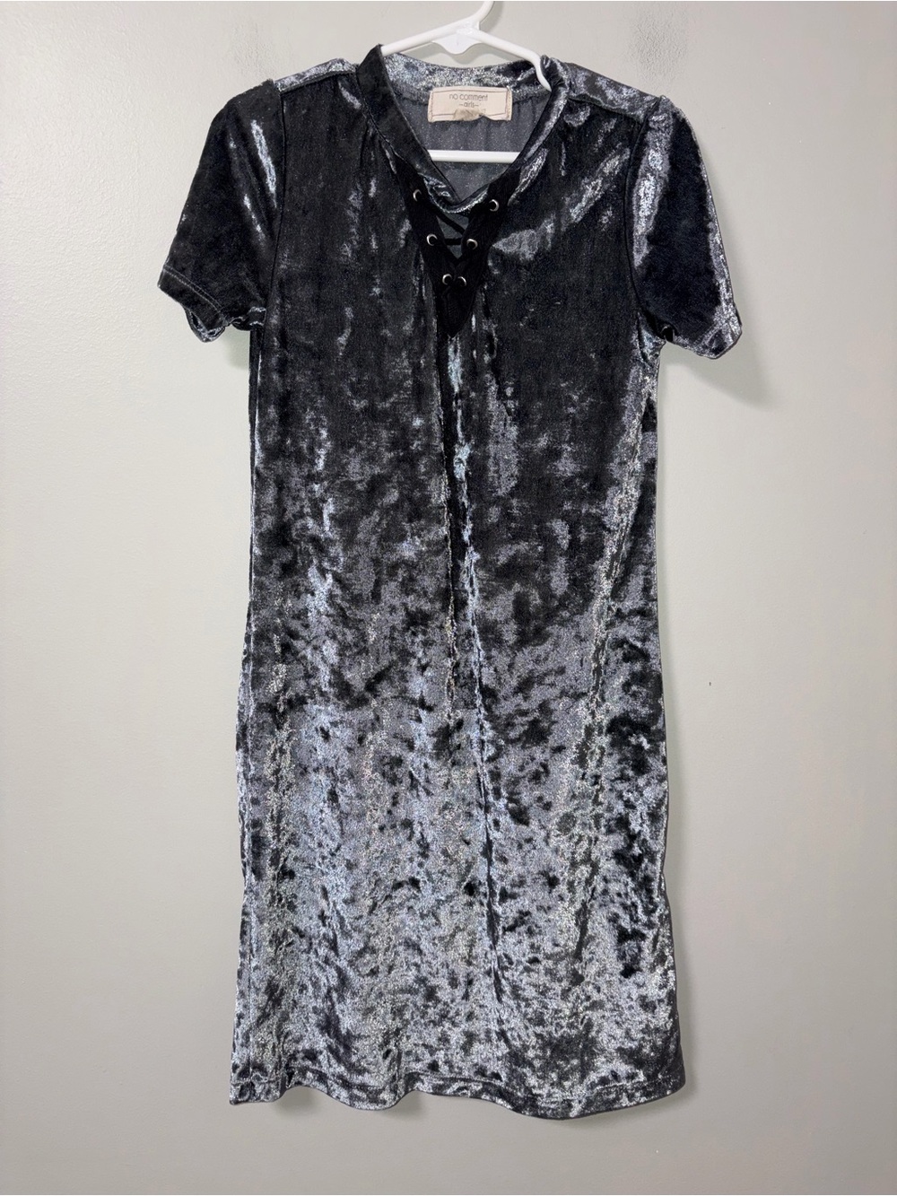 No Comment Dark Gray Crushed Velvet Dress Lace Up Neckline Girls S 7/8